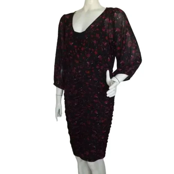 new TORRID Dress, 0/L, Black, Red/Purple Floral, Ruched Skirt, Scoop neck, Meshy - Picture 4 of 16